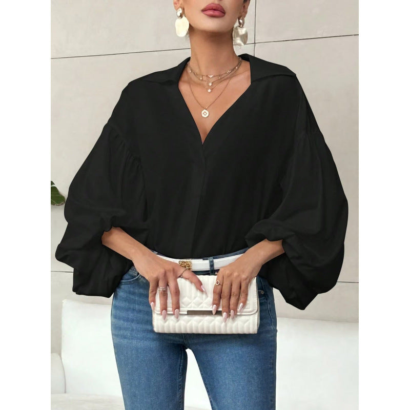 Women's Blouse with Voluminous Balloon Sleeves and Elegant Collar