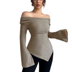 Women's Long-Sleeve Shirt with Ribbed Texture and Wide Sleeves