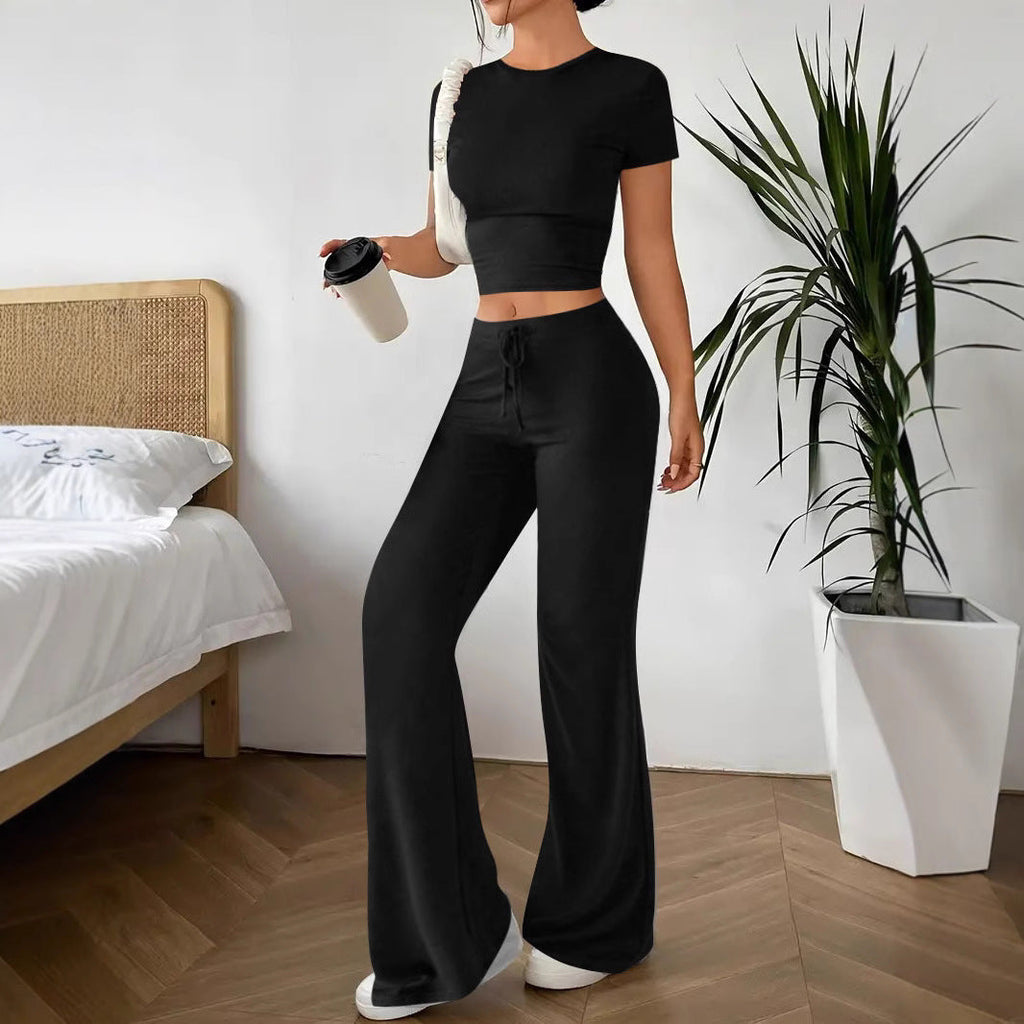 Women's Casual Lounge Set with Crop Top and Wide-Leg Pants