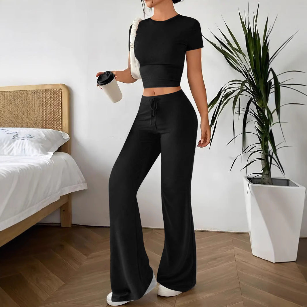 Women's Casual Lounge Set with Crop Top and Wide-Leg Pants