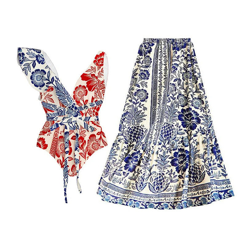 Women's Swimsuit with Floral Pattern and Chic Skirt
