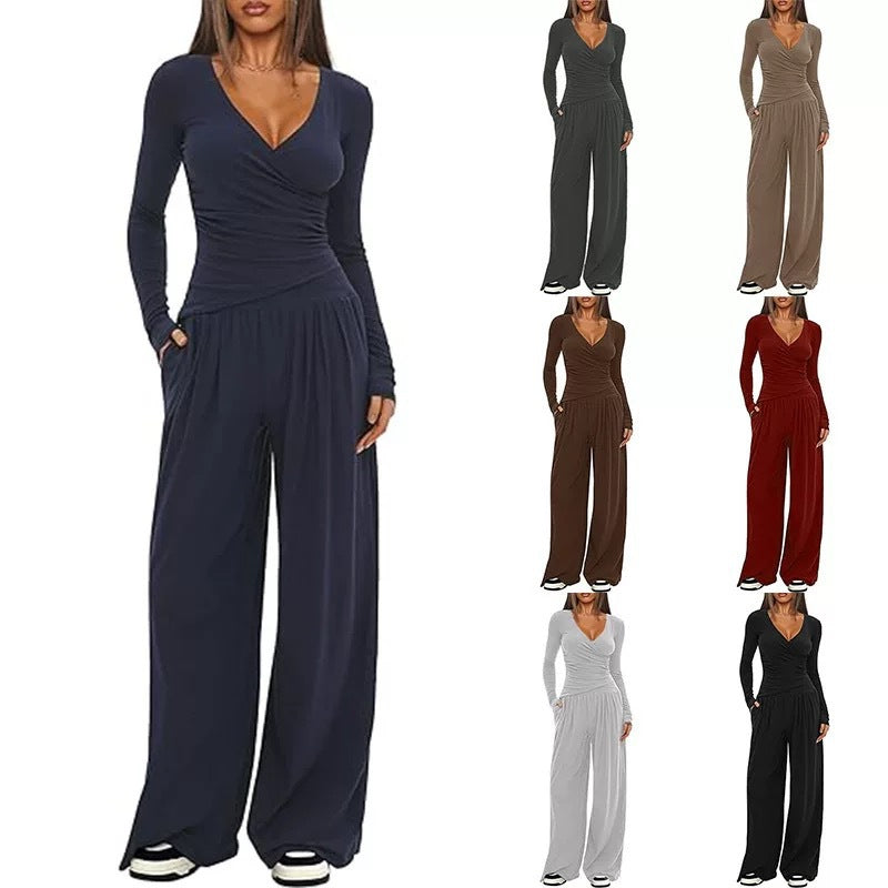 Women's Elegant Wrap Jumpsuit with Wide Leg and Fashionable Details