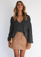 Women's Casual Blouse with Ruffles and Drawstring