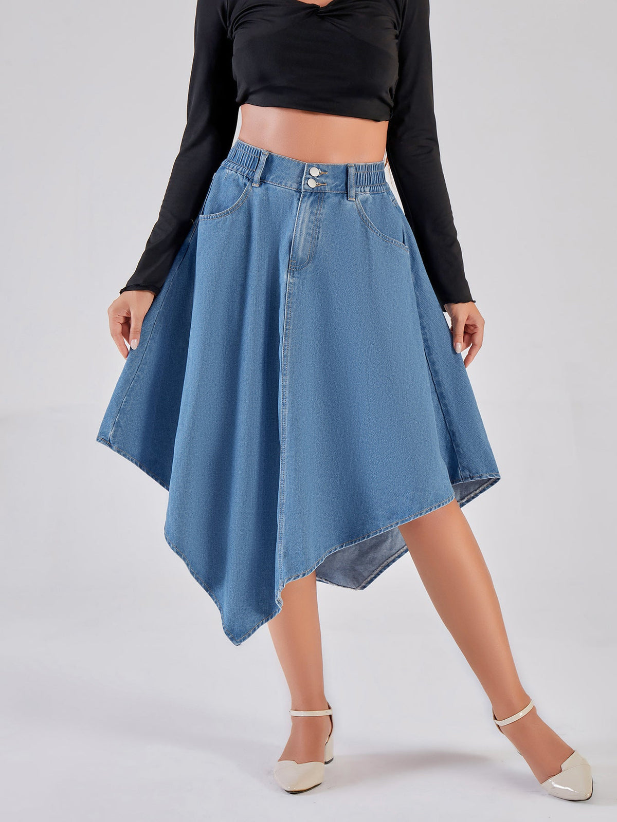 Women's Asymmetrical Denim Skirt with Attractive Hem Design