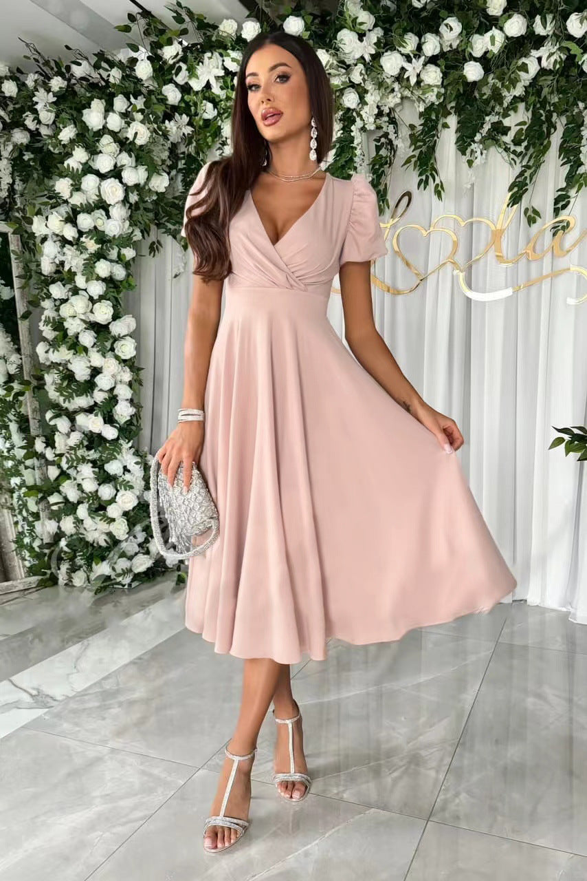 Women's A-Line Dress with Puff Sleeves and V-Neck