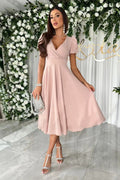 Women's A-Line Dress with Puff Sleeves and V-Neck