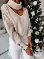 Women's Glamorous Knit Sweater with Mock Neck and Button Details