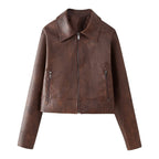 Women's Cropped Faux Leather Jacket with Stand-Up Collar