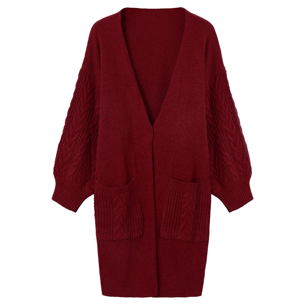 Women's Large Knit Cardigan with Voluminous Sleeves and Practical Pockets