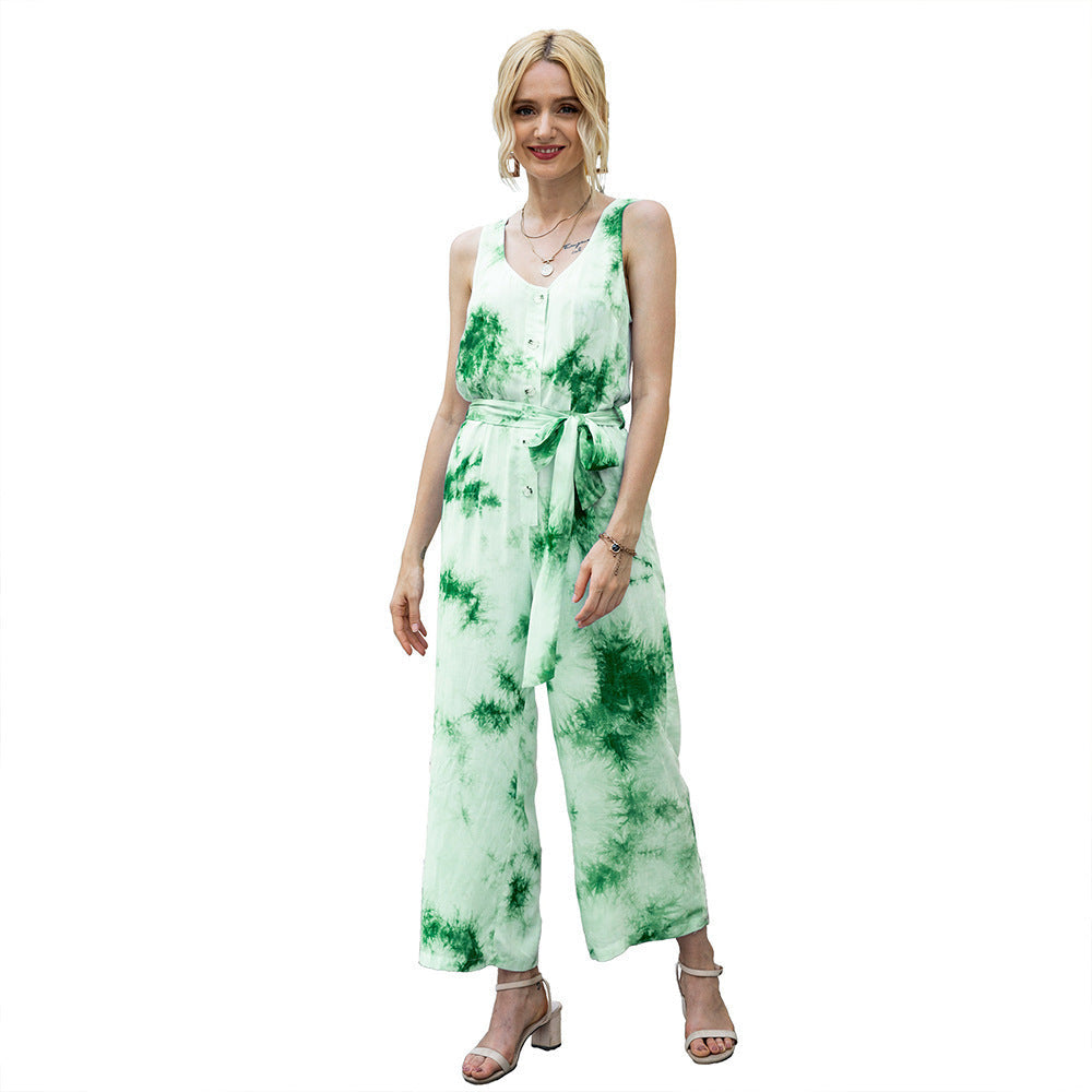 Casual Jumpsuit with Tie Belt and Button Placket