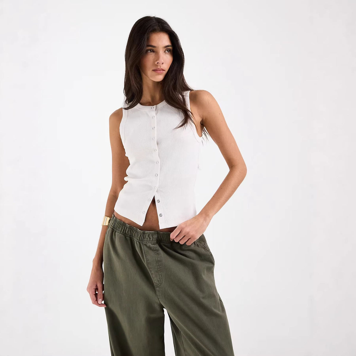 Women's Sleeveless Ribbed Button-Down Shirt