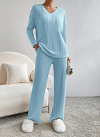 Women's Casual Ribbed Loungewear Set with V-Neck