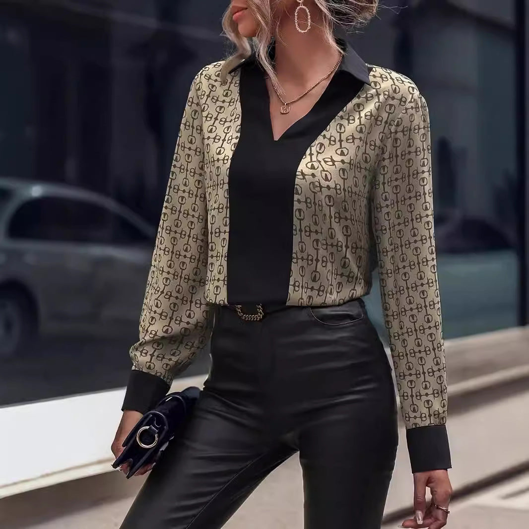Women's Patterned Blouse with V-Neck