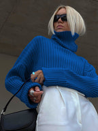 Women's Chunky Knit Sweater with High Collar and Ribbed Texture