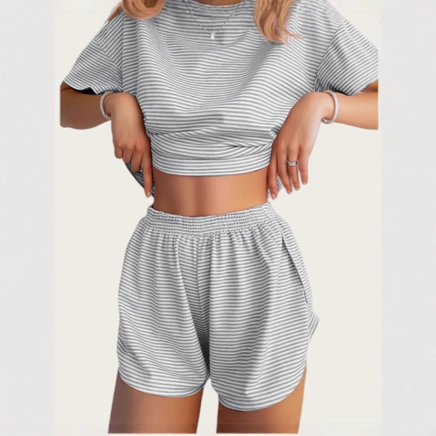Women's Casual Striped Set with Wide T-Shirt and Shorts