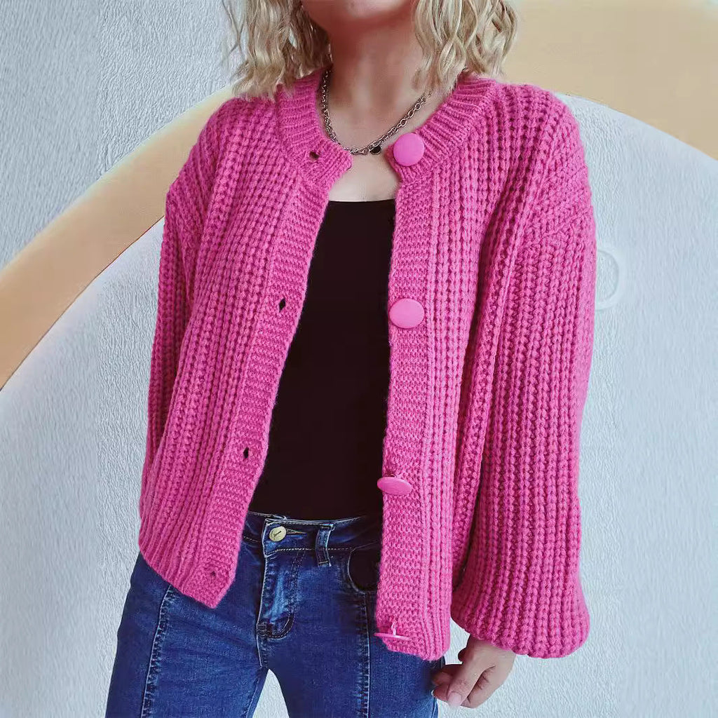 Women's Chunky Knit Cardigan with Balloon Sleeves and Decorative Buttons
