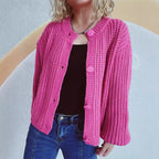 Women's Chunky Knit Cardigan with Balloon Sleeves and Decorative Buttons