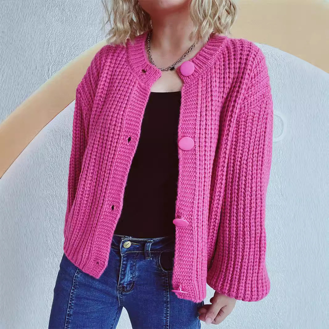 Women's Chunky Knit Cardigan with Balloon Sleeves and Decorative Buttons