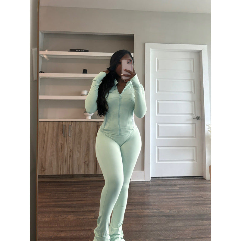 Women's Form-Fitting Jumpsuit with High Collar and Full-Length Zipper