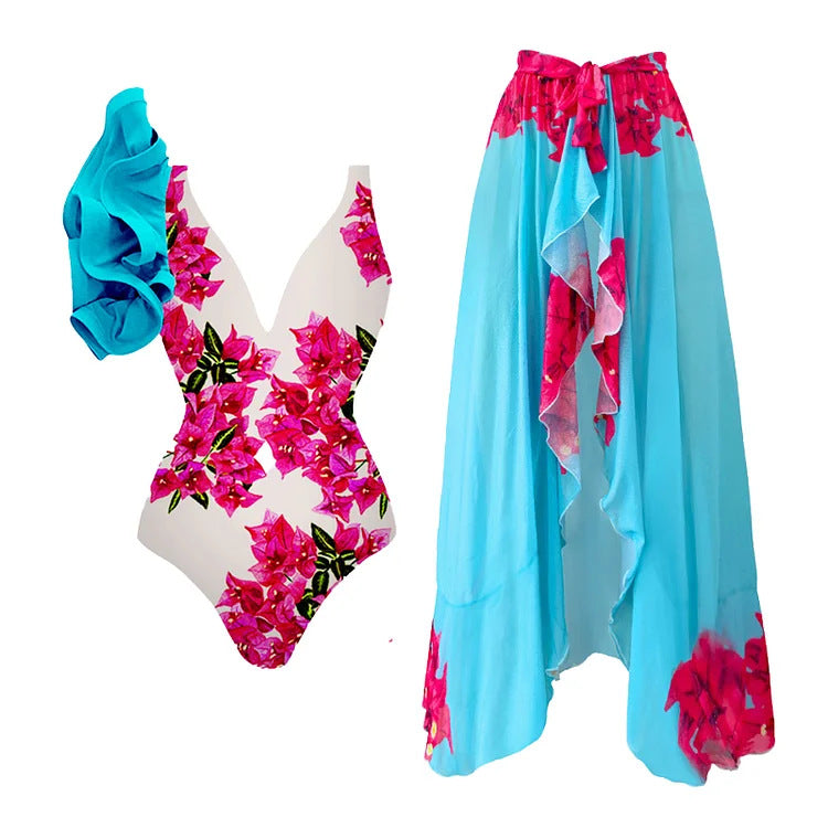 Women's Swimsuit with Voluminous Ruffle Detail and Matching Skirt