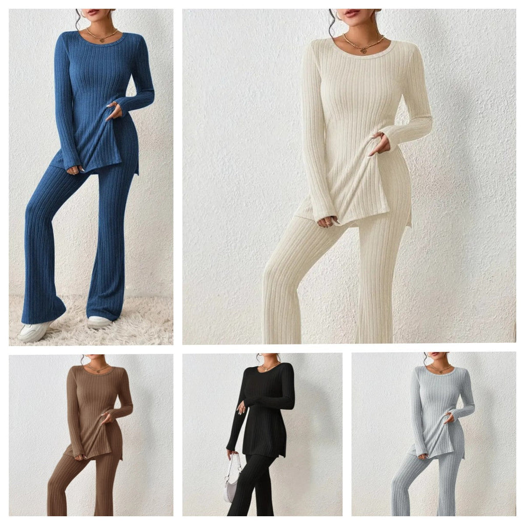 Women's Fine Ribbed Lounge Set with Long Sleeves and Flared Legs