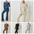 Women's Fine Ribbed Lounge Set with Long Sleeves and Flared Legs