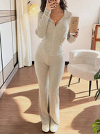 Women's High-Quality Knit Suit with Zipper and Wide Leg