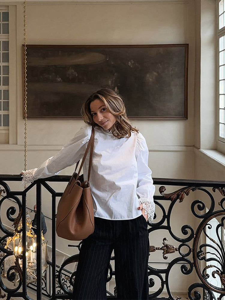 Women's Blouse with Lace Accents and Puff Sleeves