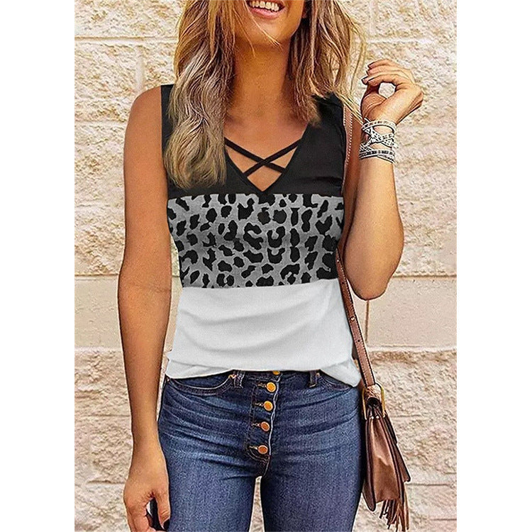 Women's Sleeveless Top with Twisted V-Neck and Leopard Print