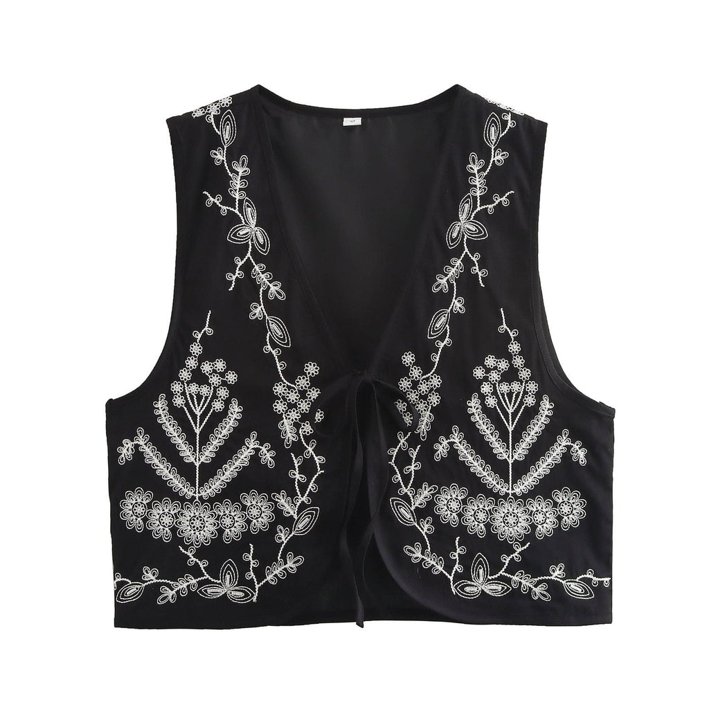 Elegant Embroidered Vest with Open Cut and Side Tie Details