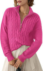 Women's Chunky Knit Sweater with Mock Neck and Half-Zip