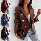 Women's Elegant Double-Breasted Faux Leather Blazer