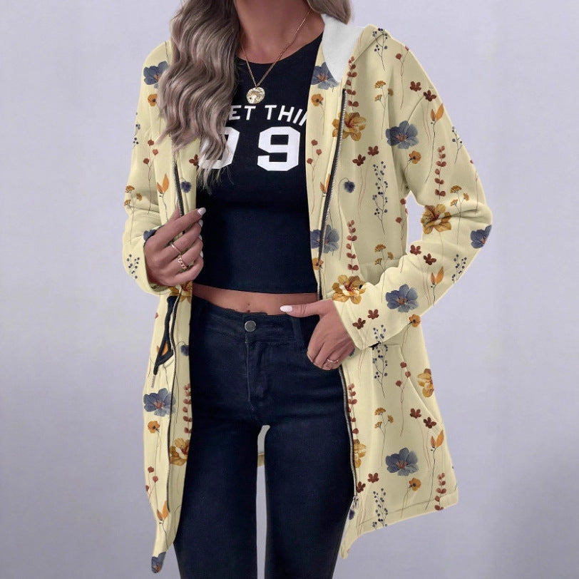 Women's Floral Print Coat with Hood and Full-Length Zipper