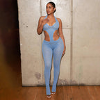 Women's Cut-Out Bodycon Jumpsuit with Deep V-Neck and Crochet Texture