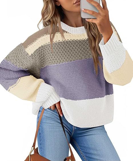 Women's Chunky Knit Sweater with Color Block Design and Oversized Fit