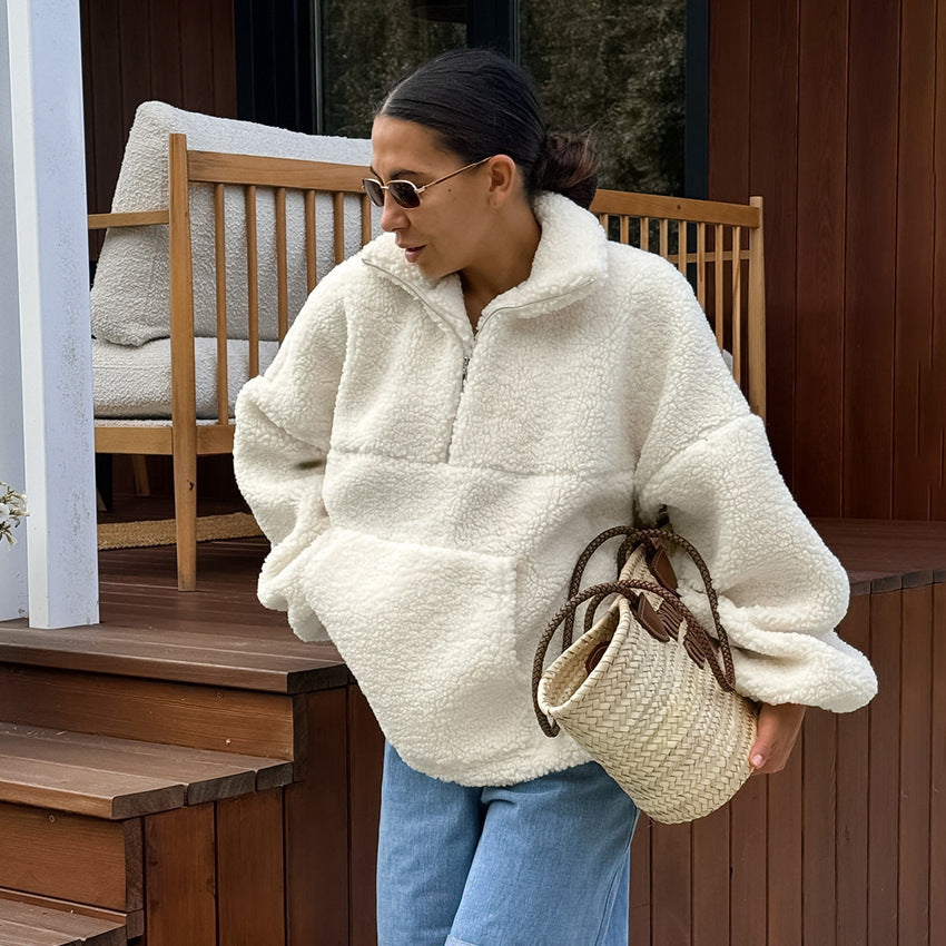 Women's High-Neck Fleece Pullover with Side Pockets