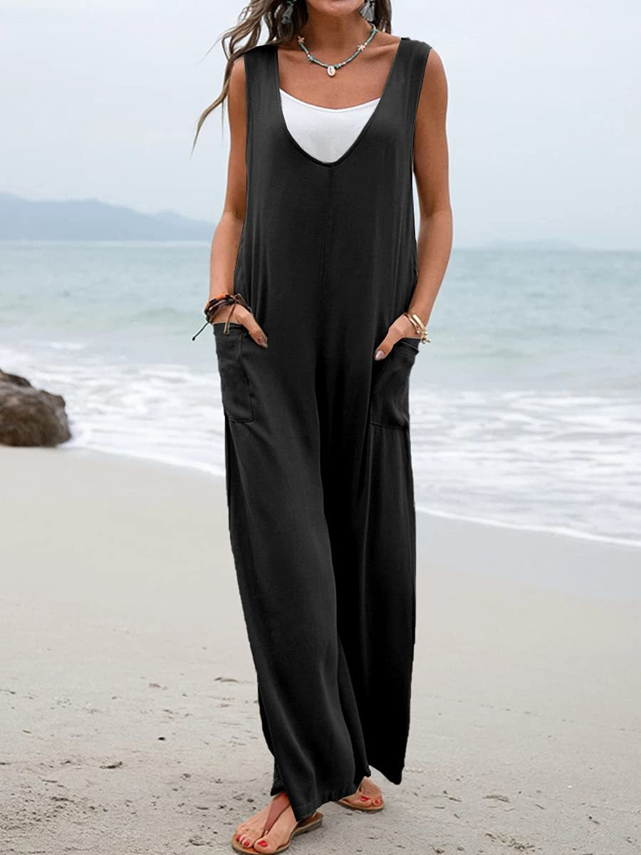 Women's Casual Wide Jumpsuit with V-Neck and Practical Pockets