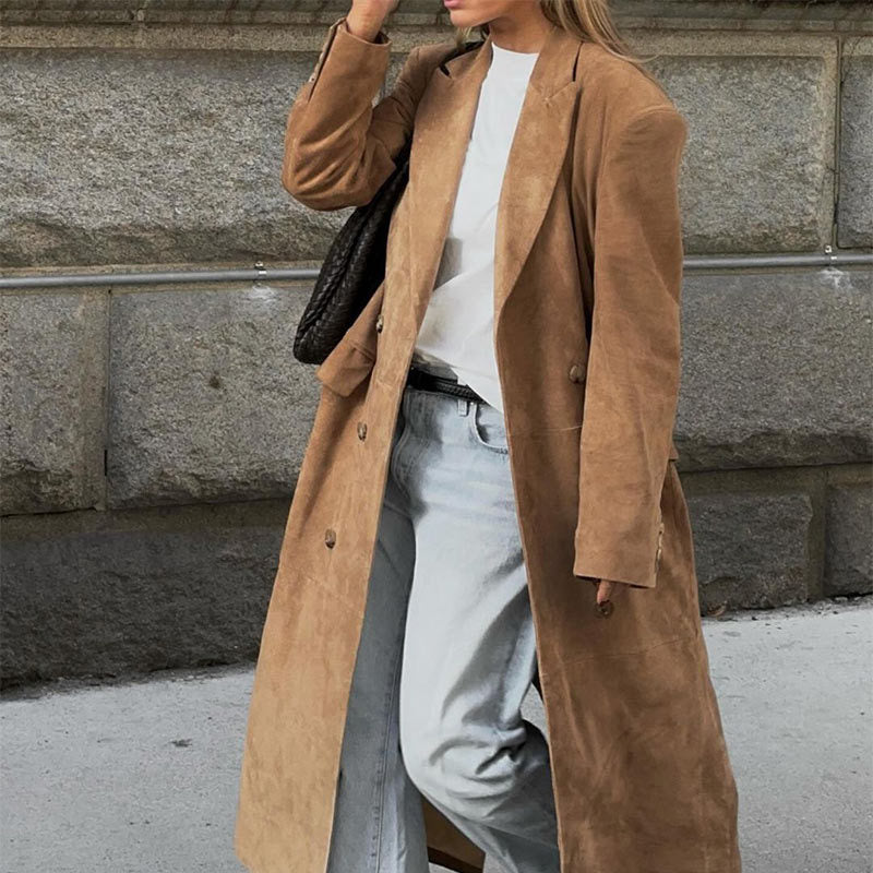 Women's Elegant Double-Breasted Suede Trench Coat