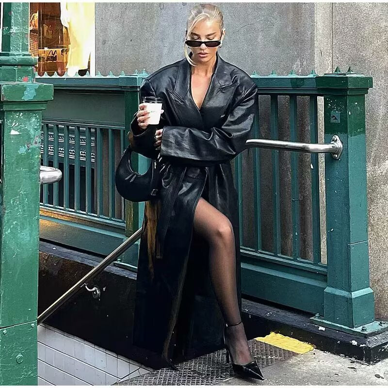 Women's Faux Leather Trench Coat with Belt