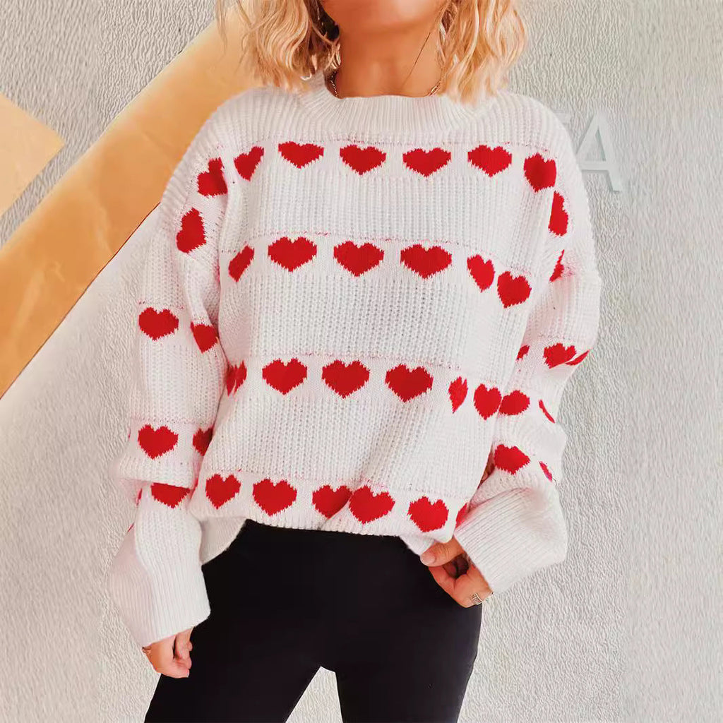 Cozy Heart Pattern Knit Sweater with Wide Sleeves