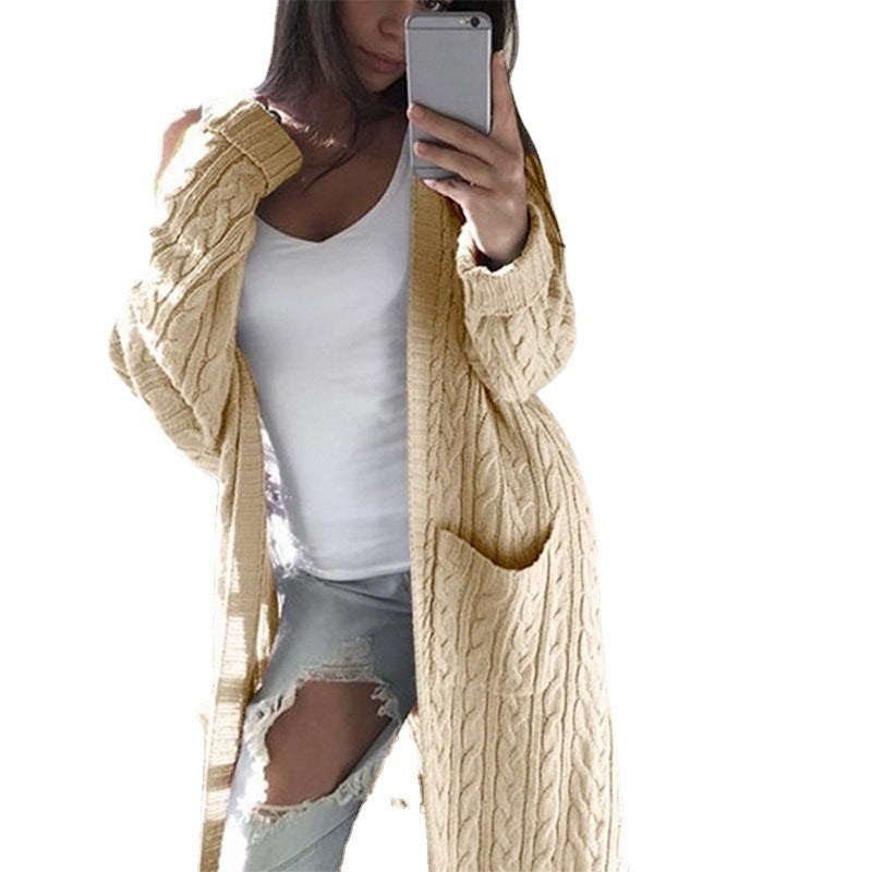 Women's Patterned Knit Coat with Pockets and Open Cut