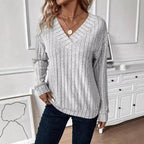 Elegant V-Neck Ribbed Knit Sweater