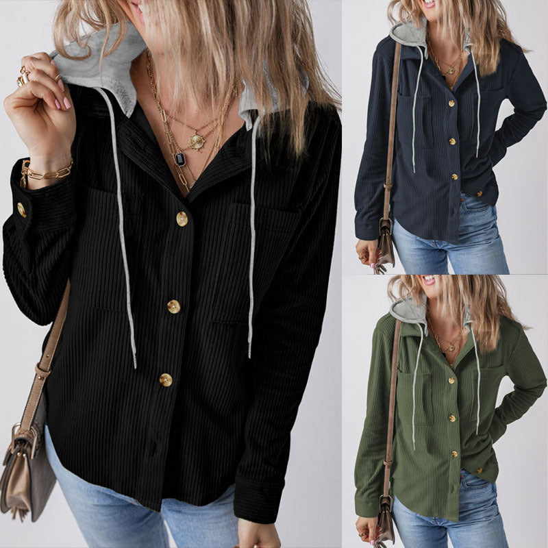 Women's Hooded Blouse with Textured Fabric and Practical Button Details