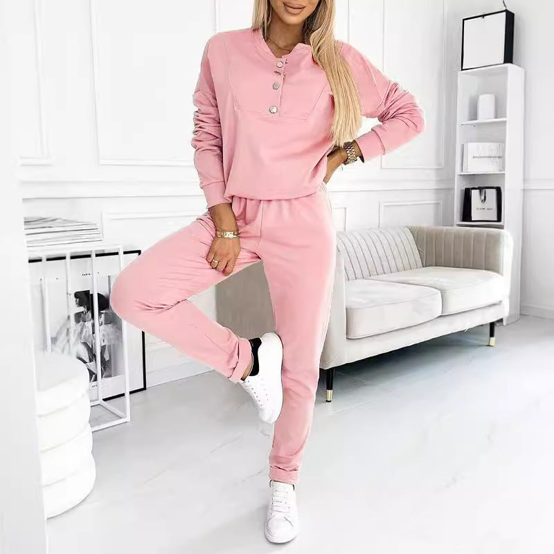 Women's Leisure Suit with Fashionable Button Details and Elastic Waist