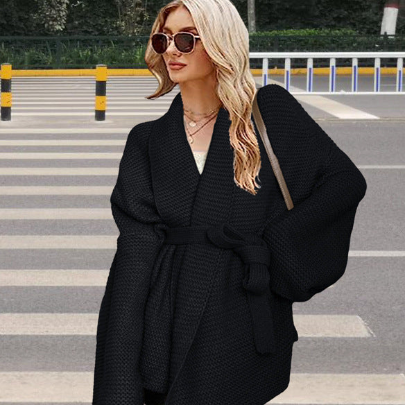 Women's Chunky Knit Cardigan with Modern Wrap Design and Wide Collar