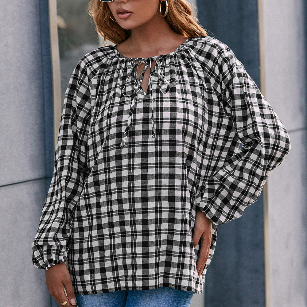 Blouse with Plaid Pattern and Bow Detail