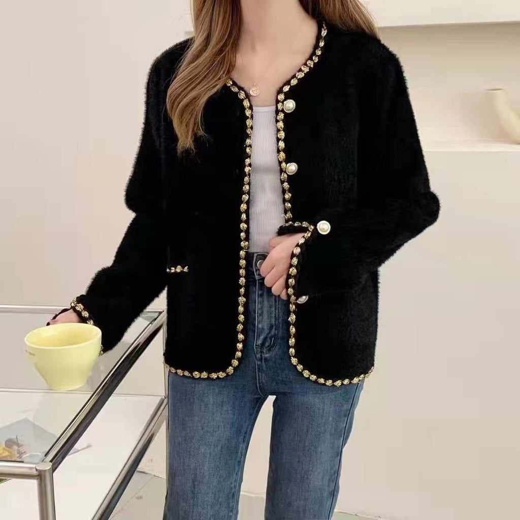 Women's Elegant Cardigan with Decorative Pearl Buttons and Fine Texture