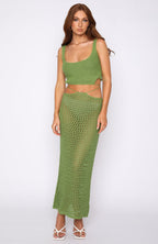 Women's Crocheted Crop Top and Maxi Skirt Set with Side Slits and Tie Details