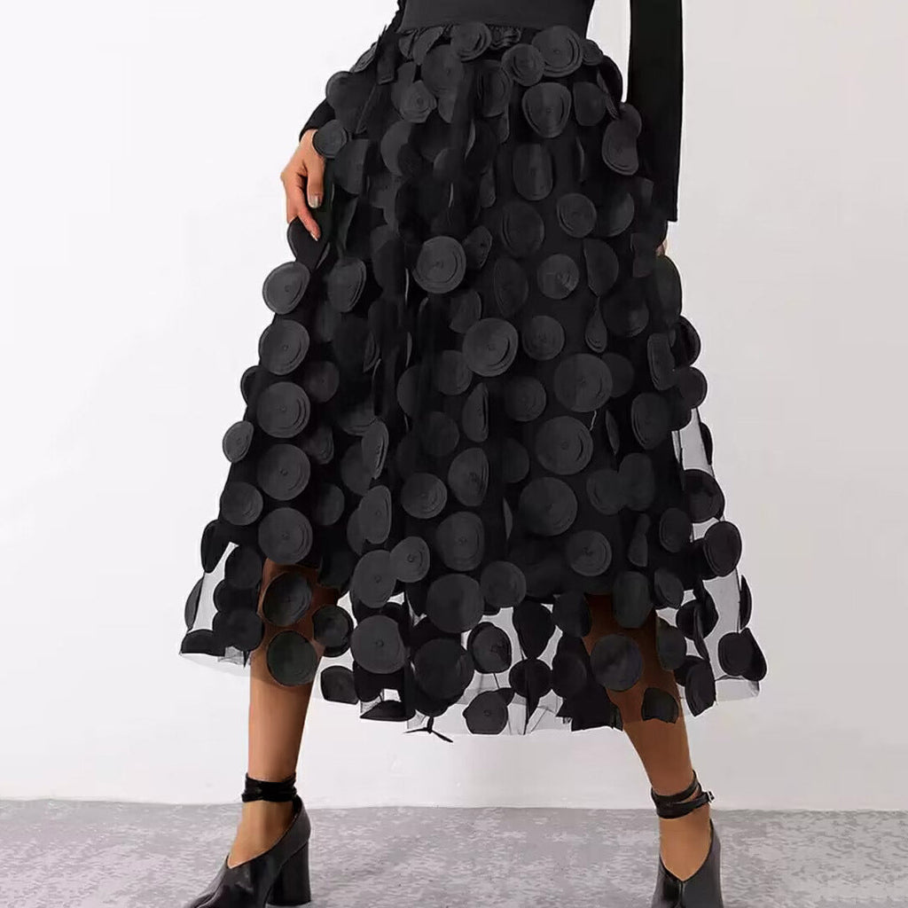 Flared Midi Skirt with Transparent 3D Appliqués and Elastic Waistband