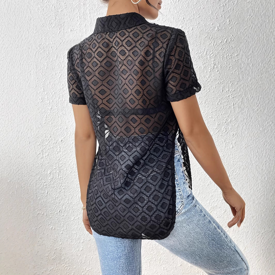 Women's Short-Sleeve Shirt with Knot Detail and Sheer Texture